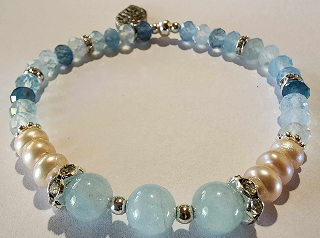 Jewellery - Genuine Multi Freshwater Pearls & Aquamarine Bracelet