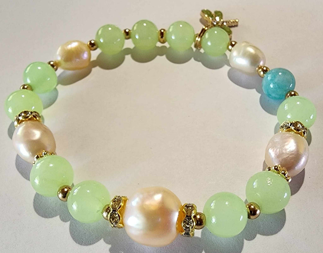 Jewellery - Genuine Multi Freshwater Pearl & Green Calcite Bracelet