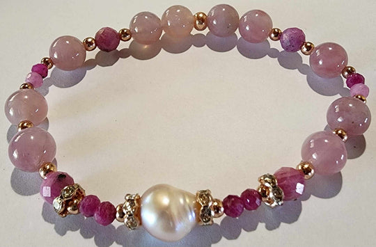 Jewellery - Genuine Quartz & Ruby Gemstone & Freshwater Pearl Bracelet