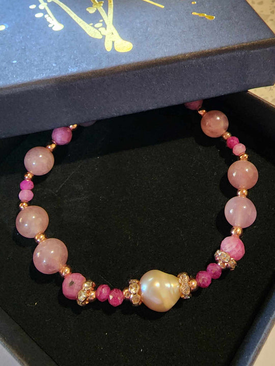 Jewellery - Genuine Quartz & Ruby Gemstone & Freshwater Pearl Bracelet