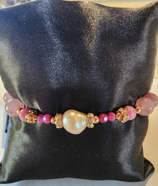 Jewellery - Genuine Quartz & Ruby Gemstone & Freshwater Pearl Bracelet