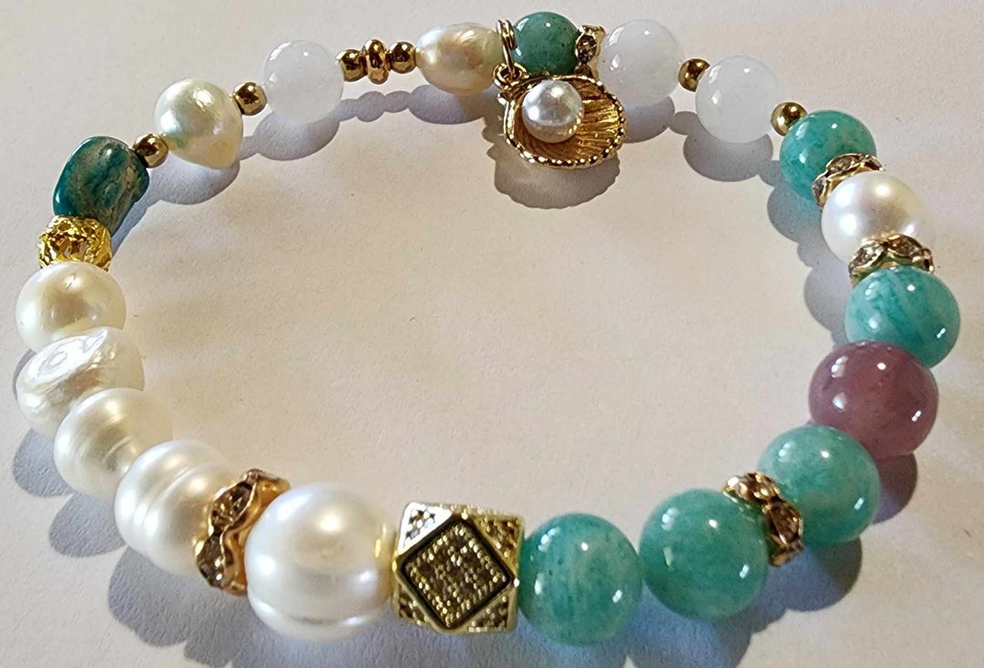 Jewellery - Genuine Multi Freshwater Pearls, Amazonite & Quartz Bracelet