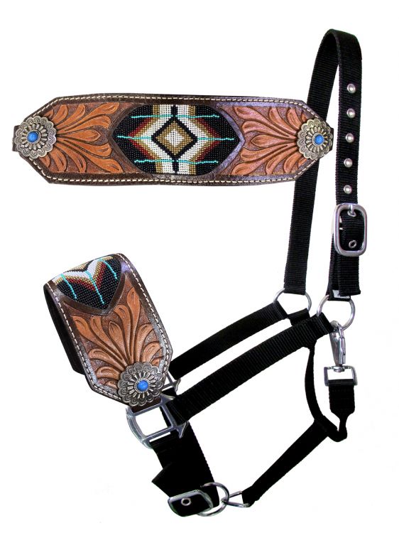 Halter -  Nylon Bronc halter with leather Nose beads