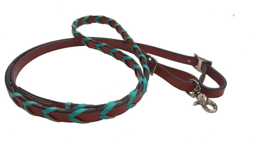 Reins - ® 8ft leather braided rein with Turquoise colored lacing