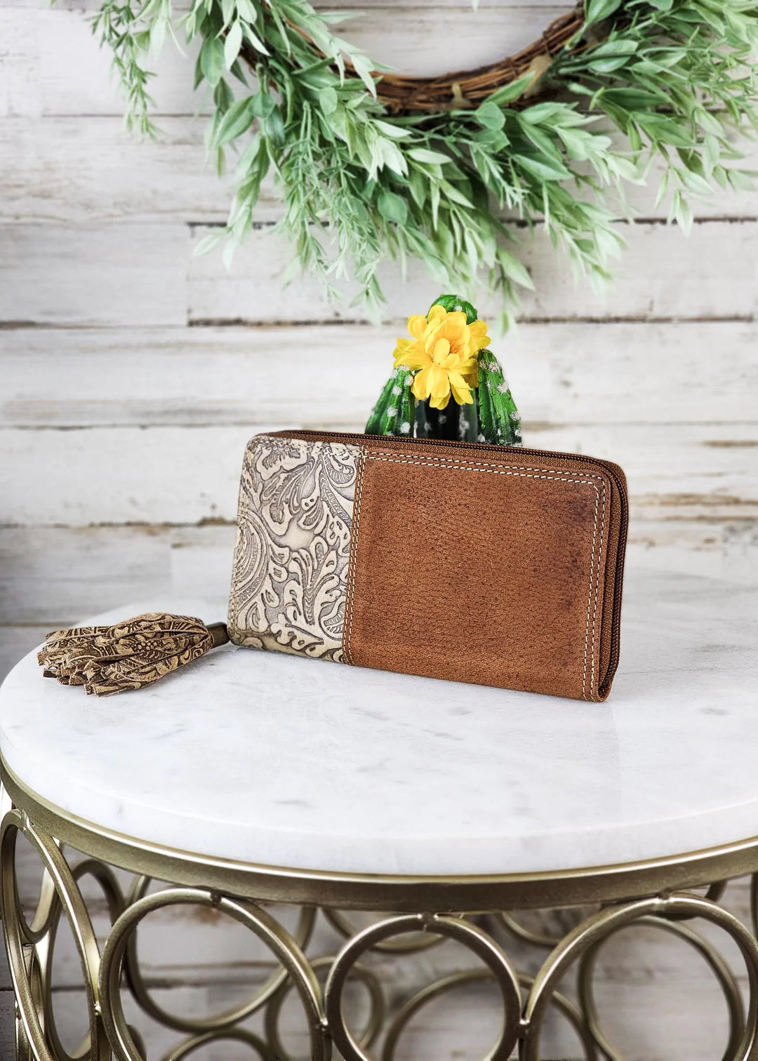 Western Leather Purse Wild Bloom Zip Around Embossed Wallet