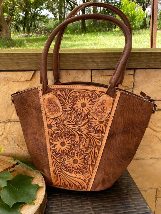 American Darling Genuine Tooled Sunflower Leather  Tote