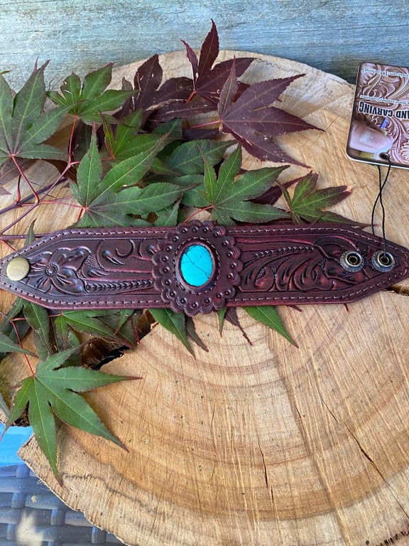 American Darling Hand Tooled Leather Cuff Bracelet Faux Turquoise