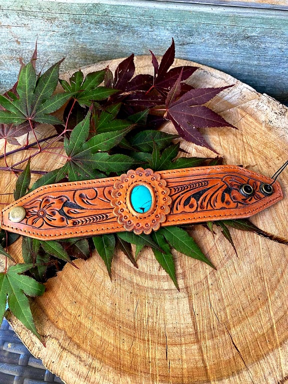 American Darling Hand Tooled Leather Cuff Bracelet Faux Turquoise