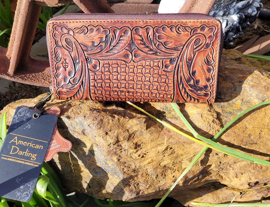 American Darling Leather Tooled Wallet Zip Around