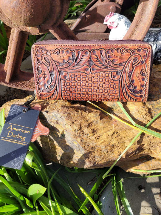 American Darling Leather Tooled Wallet Zip Around