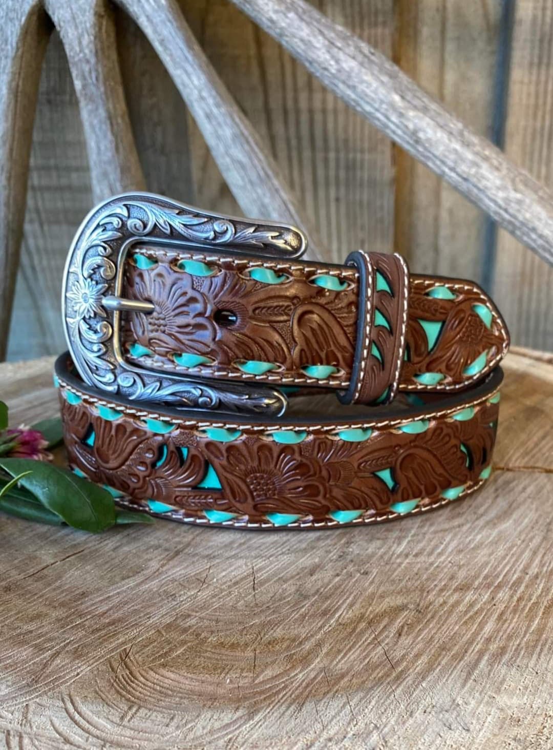 Belt - Nocona Genuine Leather Western Belt Tooled Turqouise Inlay