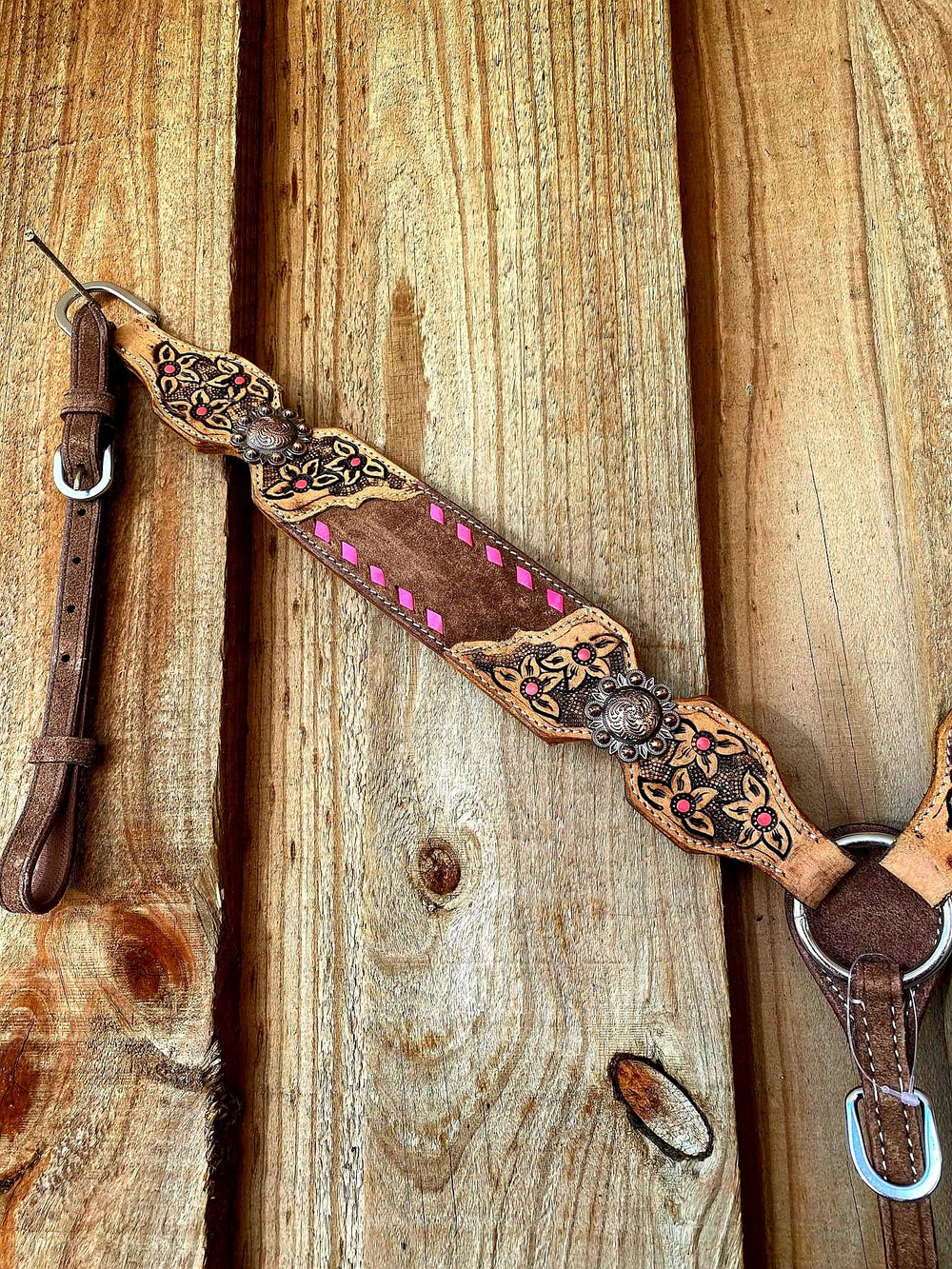 Western Tack Set - Floral Tooled Tack set with PINK  Buckstitch trim