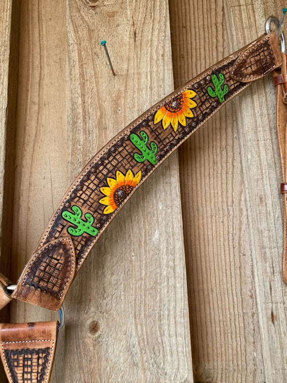 Western Tack Set - Browband Cactus Bridle with Leather Tooling w/ reins & Breastcollar