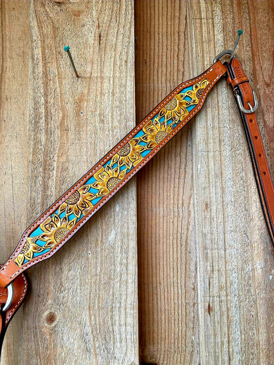 Western Tack Set  - Browband Medium Oil Sunflower Tooled Breastcollar Set