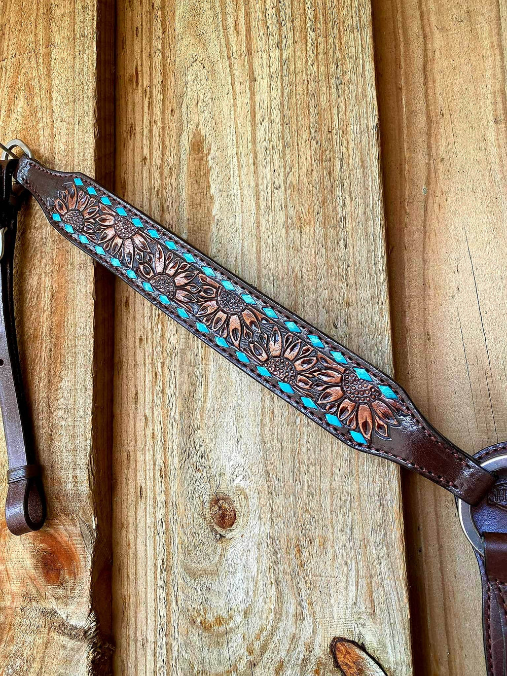 Western Tack Set - Sunflower Tooled Tack set with Teal Buckstitch trim