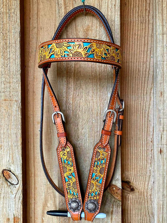 Western Tack Set  - Browband Medium Oil Sunflower Tooled Breastcollar Set