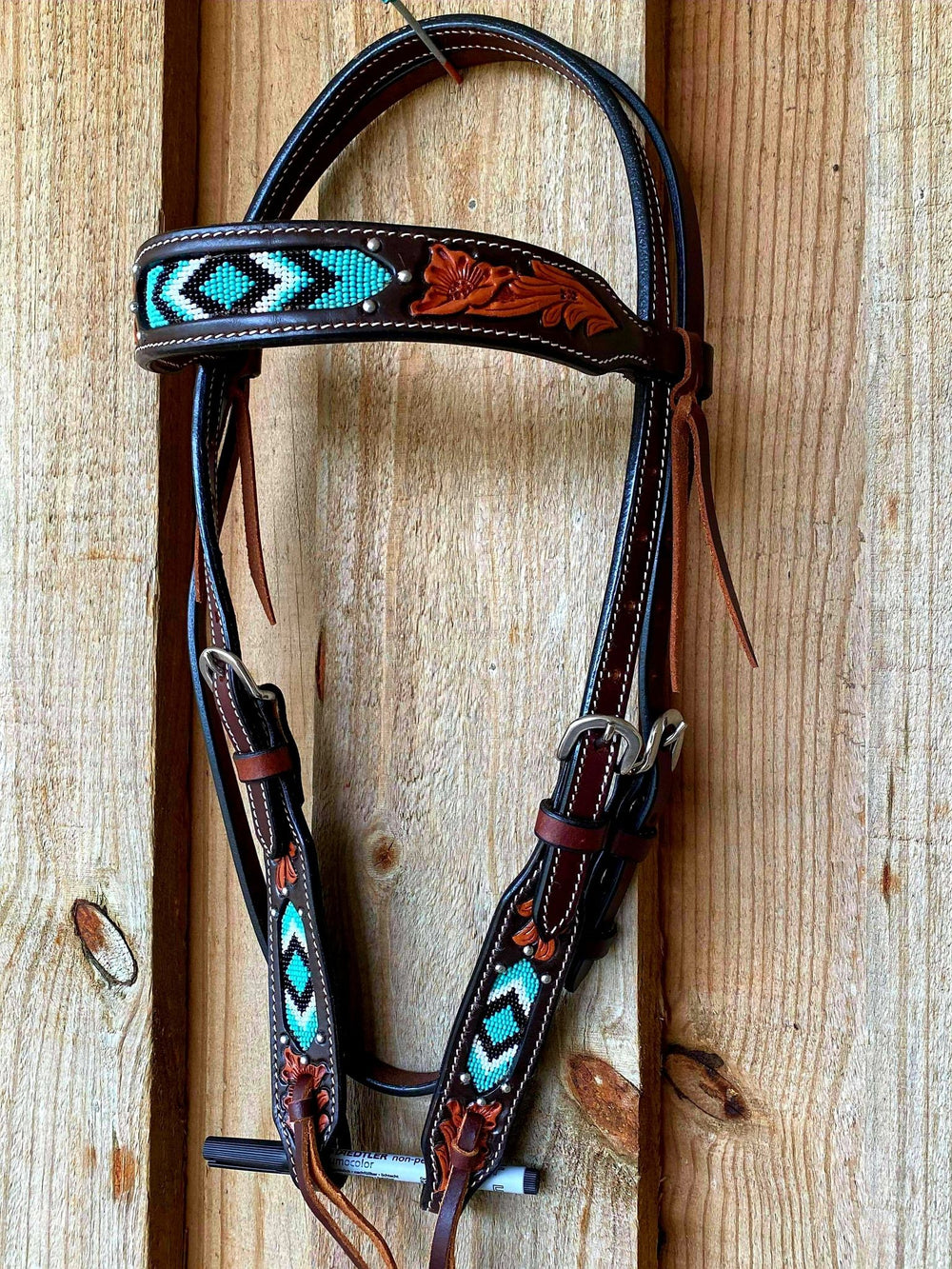 Western Bridle Browband Headstall Tooled with Beaded Inlay