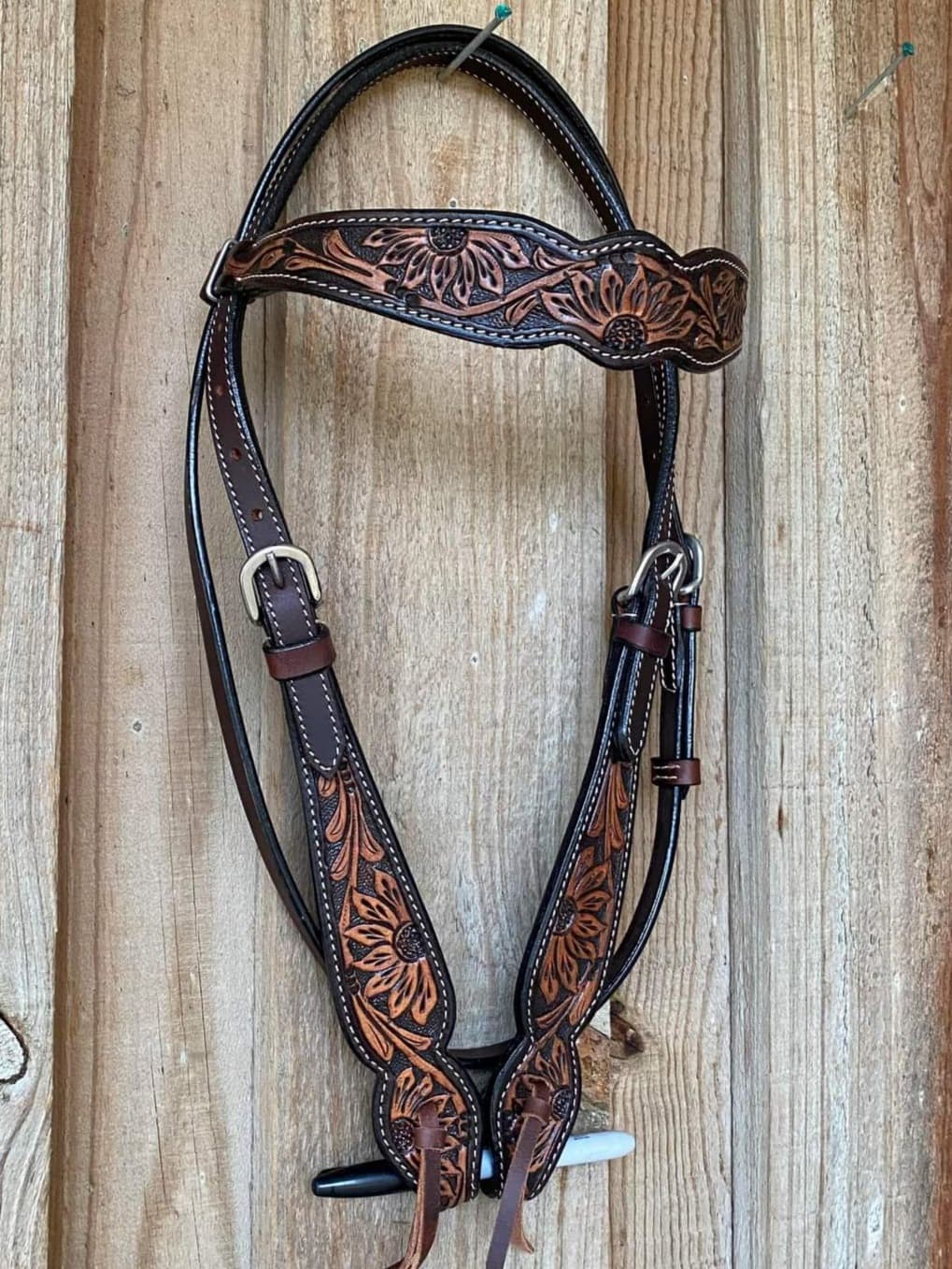 Western Bridle Browband Tooled Sunflower Two Tone Leather Headstall