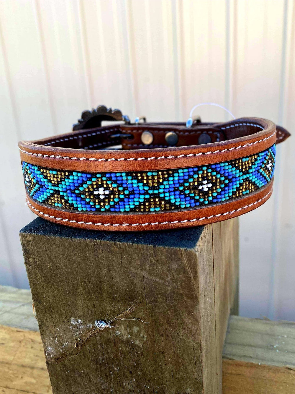 Collar -  Couture Leather Western Dog Collar Beaded Aztec DC 18  Size Large