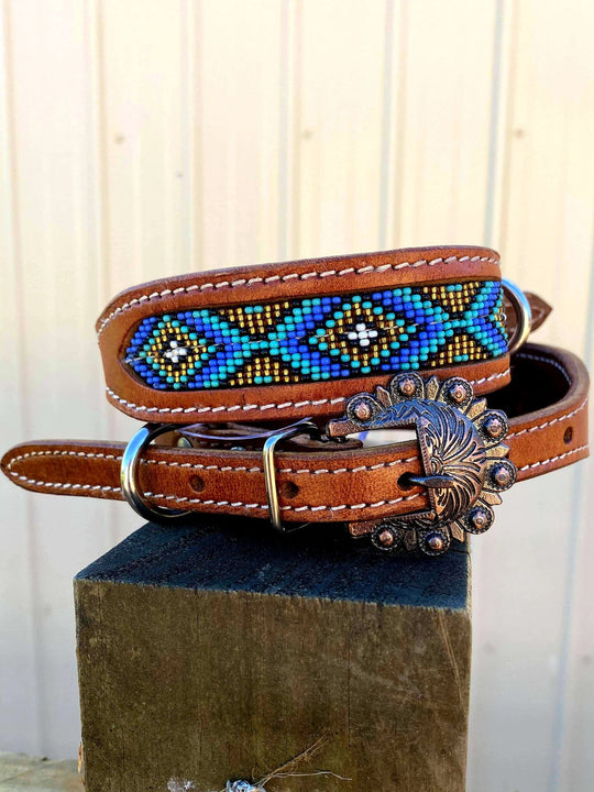 Collar -  Couture Leather Western Dog Collar Beaded Aztec DC 18  Size Large