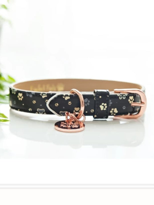 Dog Collar Pretty Paw Print Design Rose Gold Fittings