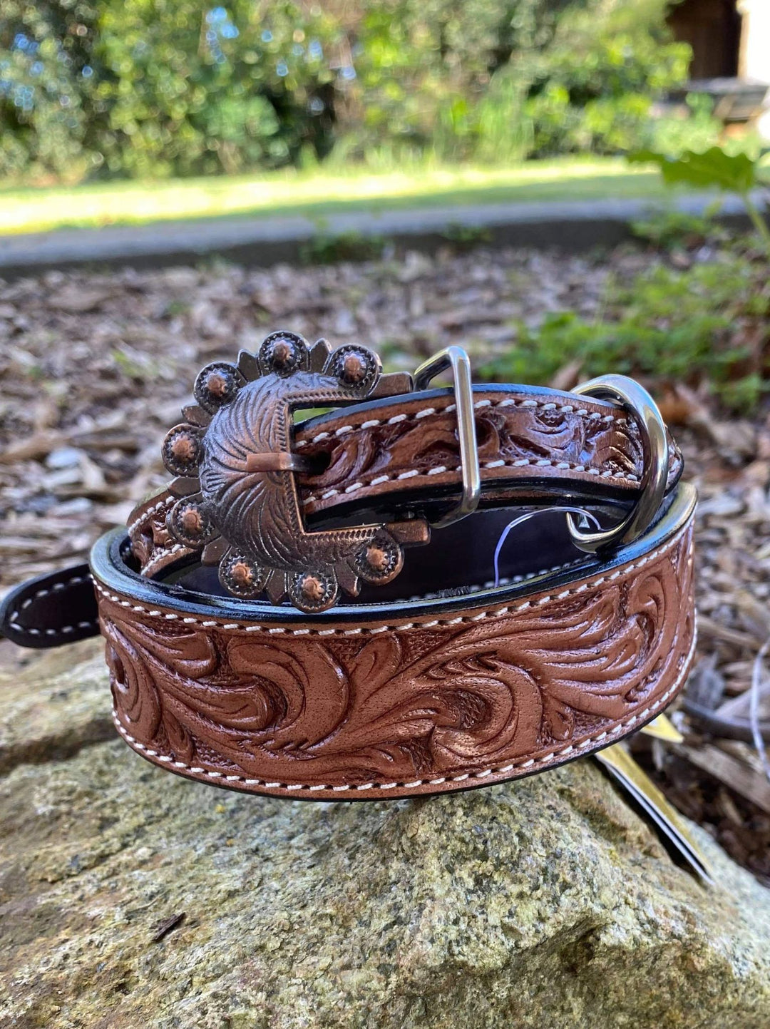 Collar -  Couture Leather Tooled Light Tan Dog Collar Western Buckle Small