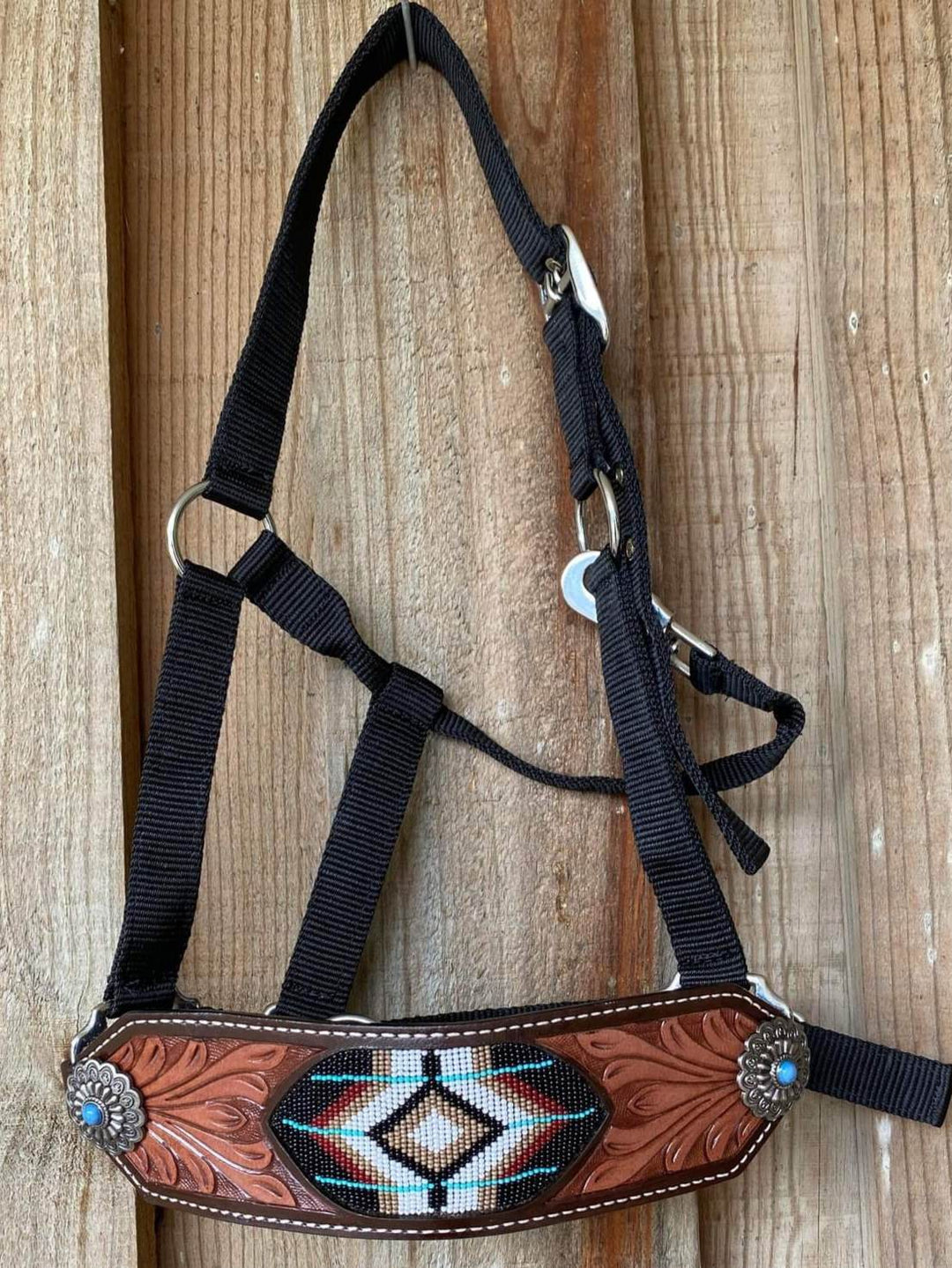 Halter -  Nylon Bronc halter with leather Nose beads