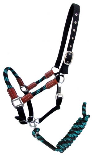 Halter -  Nylon halter and matching lead rope with leather accents Teal