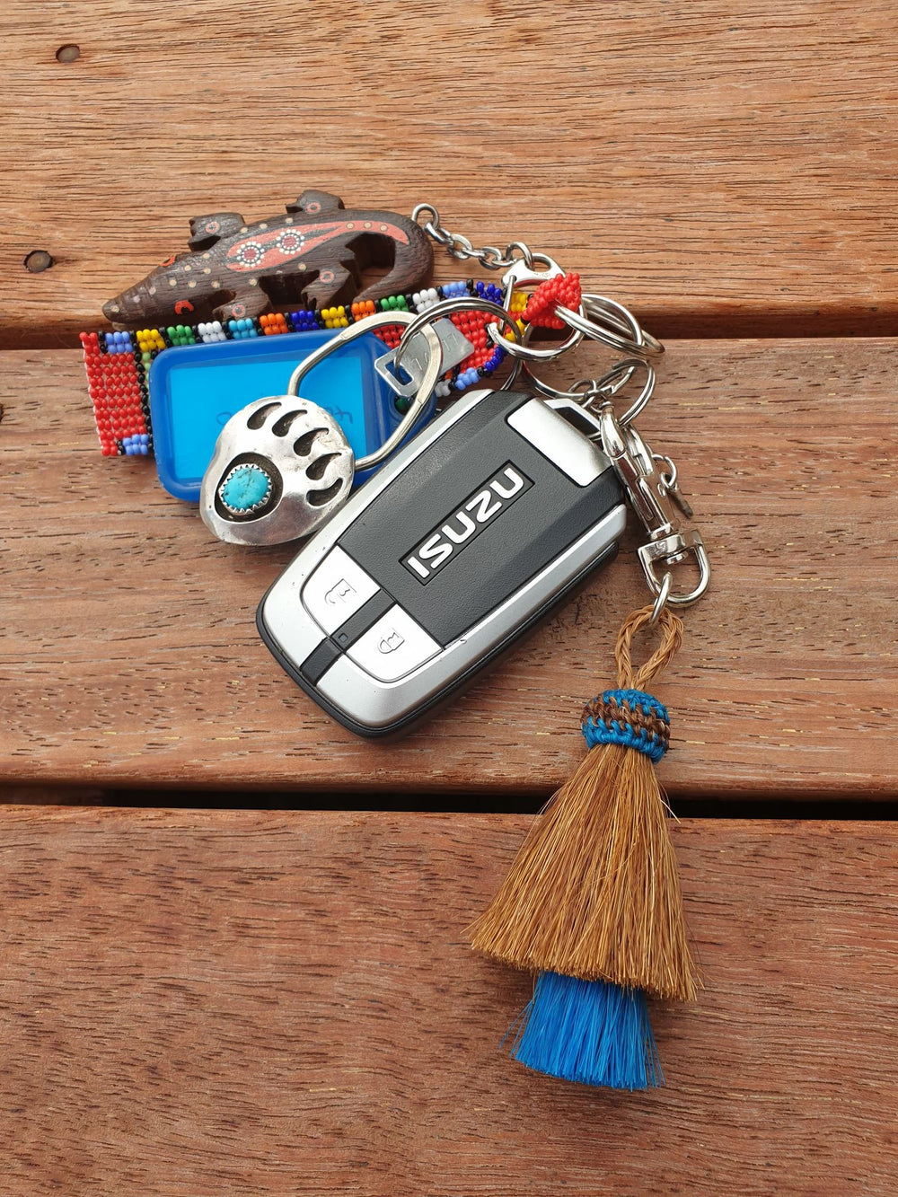 Gift - Genuine HH Mule cut Key ring or Bag Charm Chestnut/ Turquoise