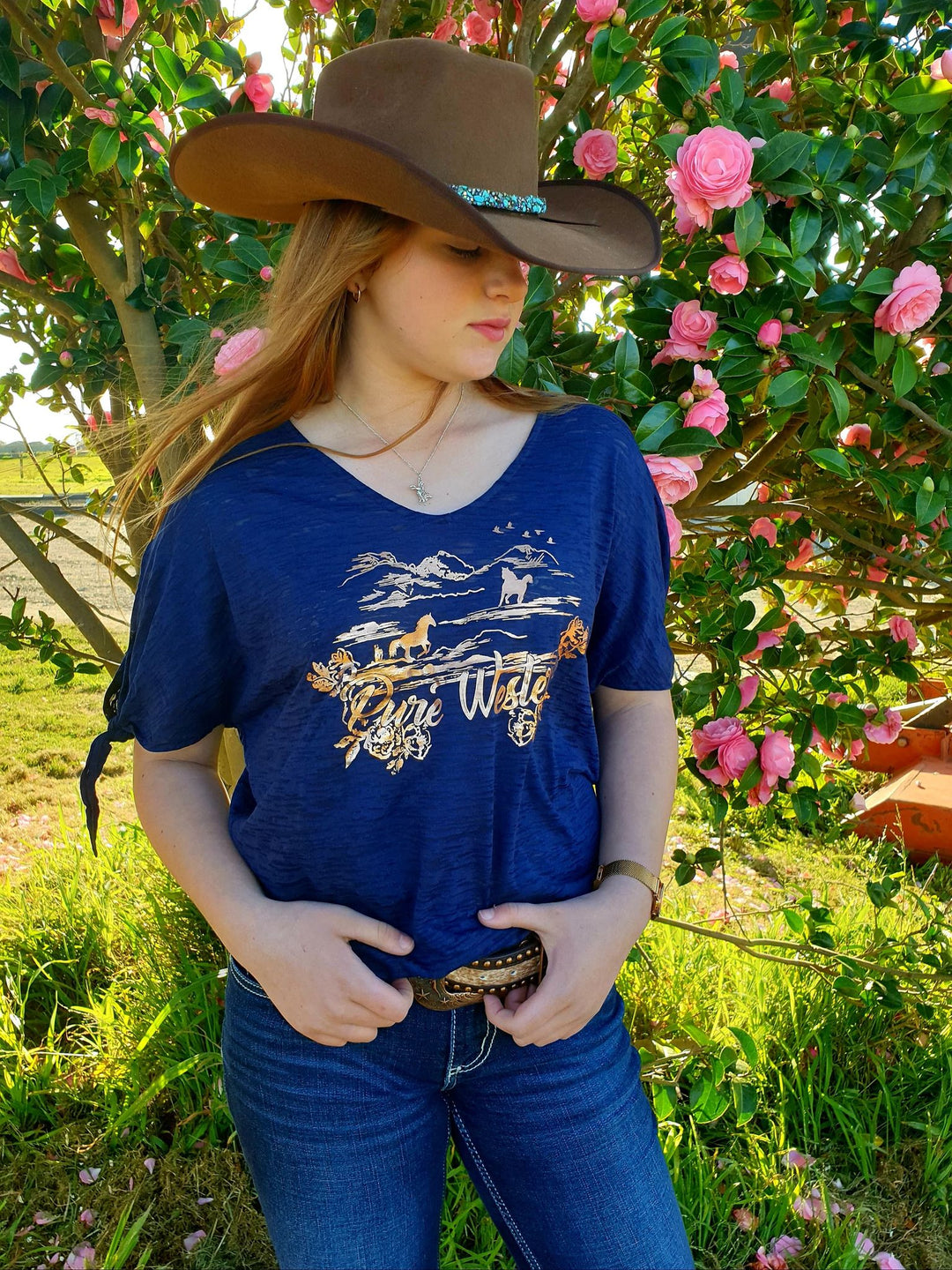 Pure Western Kelsey Batwing Gold Foil Horse Top  Size 8