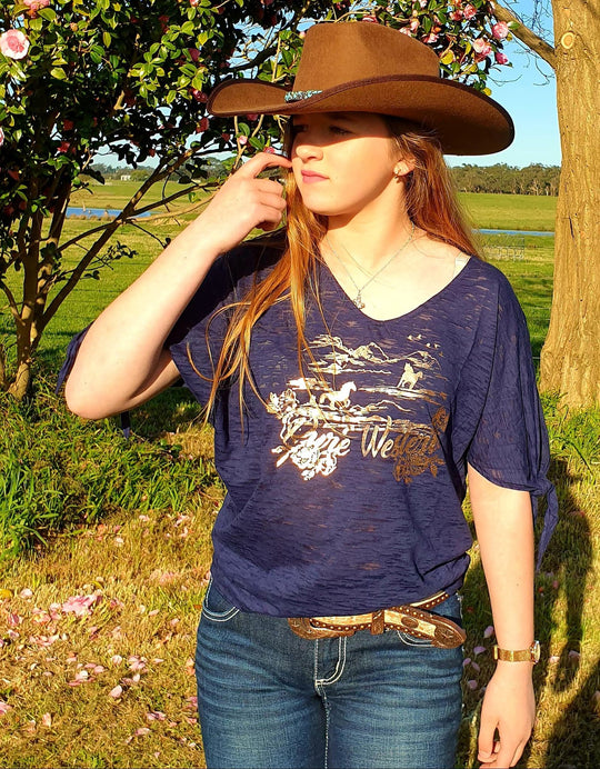 Pure Western Kelsey Batwing Gold Foil Horse Top  Size 8