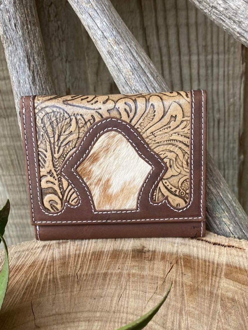 Western Hide & Leather Embossed Tri Fold Wallet