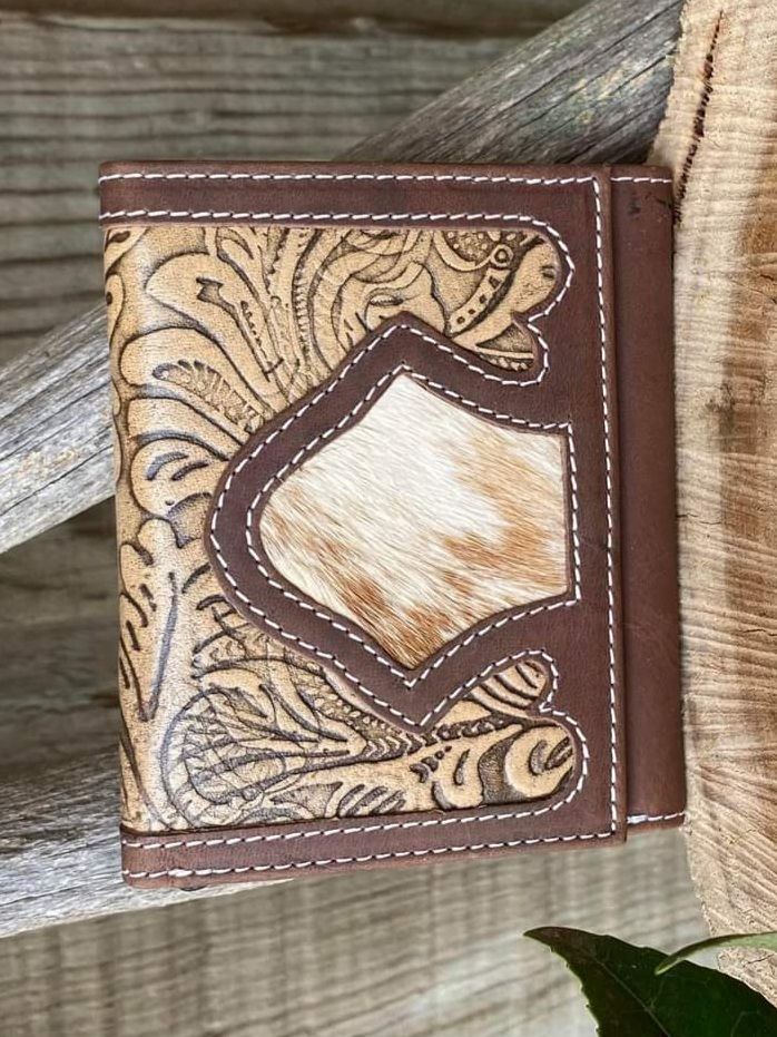 Western Hide & Leather Embossed Tri Fold Wallet