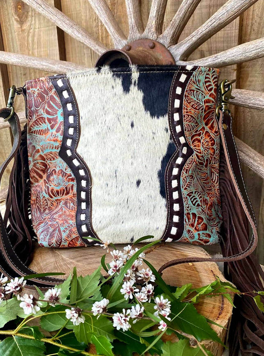 Western Hide & Leather Emobossed Turquiose Crossbody