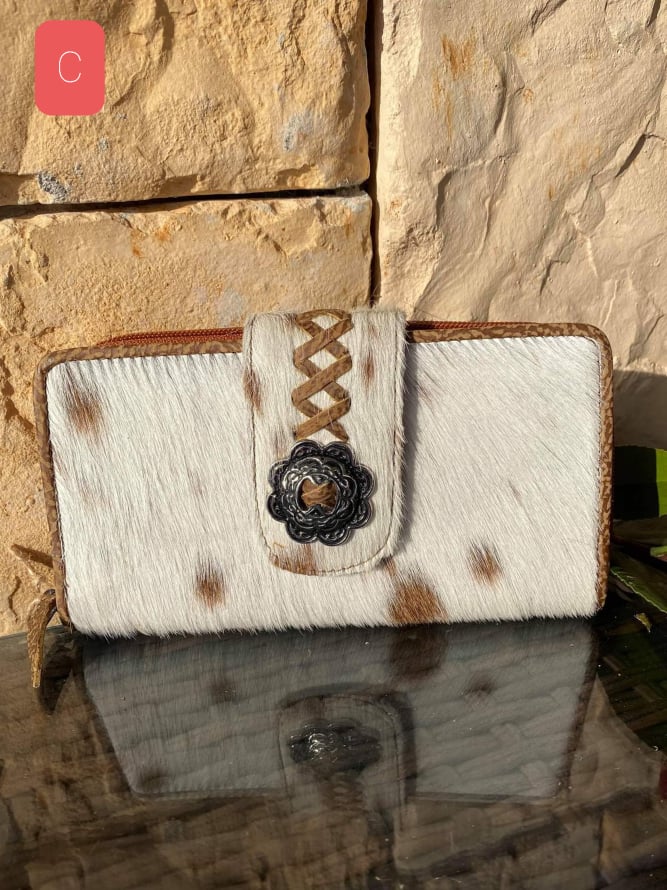 Western Cowhide  Purse Hair on Hide and Leather  Tan & White Hide & Concho Wallet