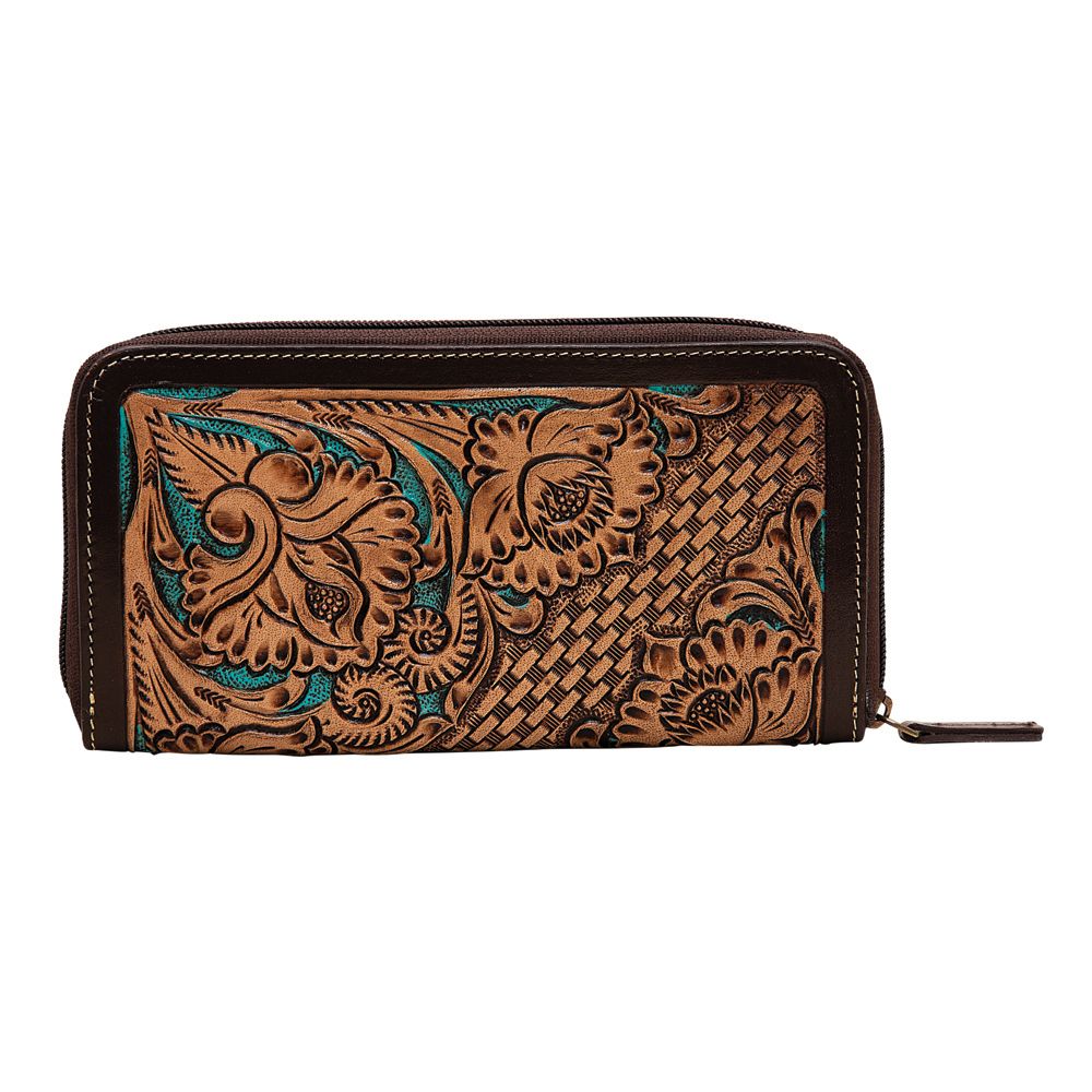 Western Leather Purse Tooled Inlay Wallet