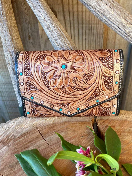 Western Leather Purse with Tooling and Floral Detail