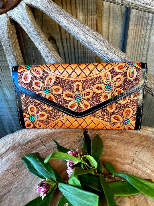 Western Leather Purse with Tooling and Floral Detail