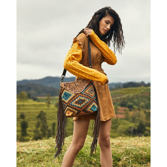 Western Recycled Canvas and Leather Crossbody Beautiful Tribal Print and Fringe