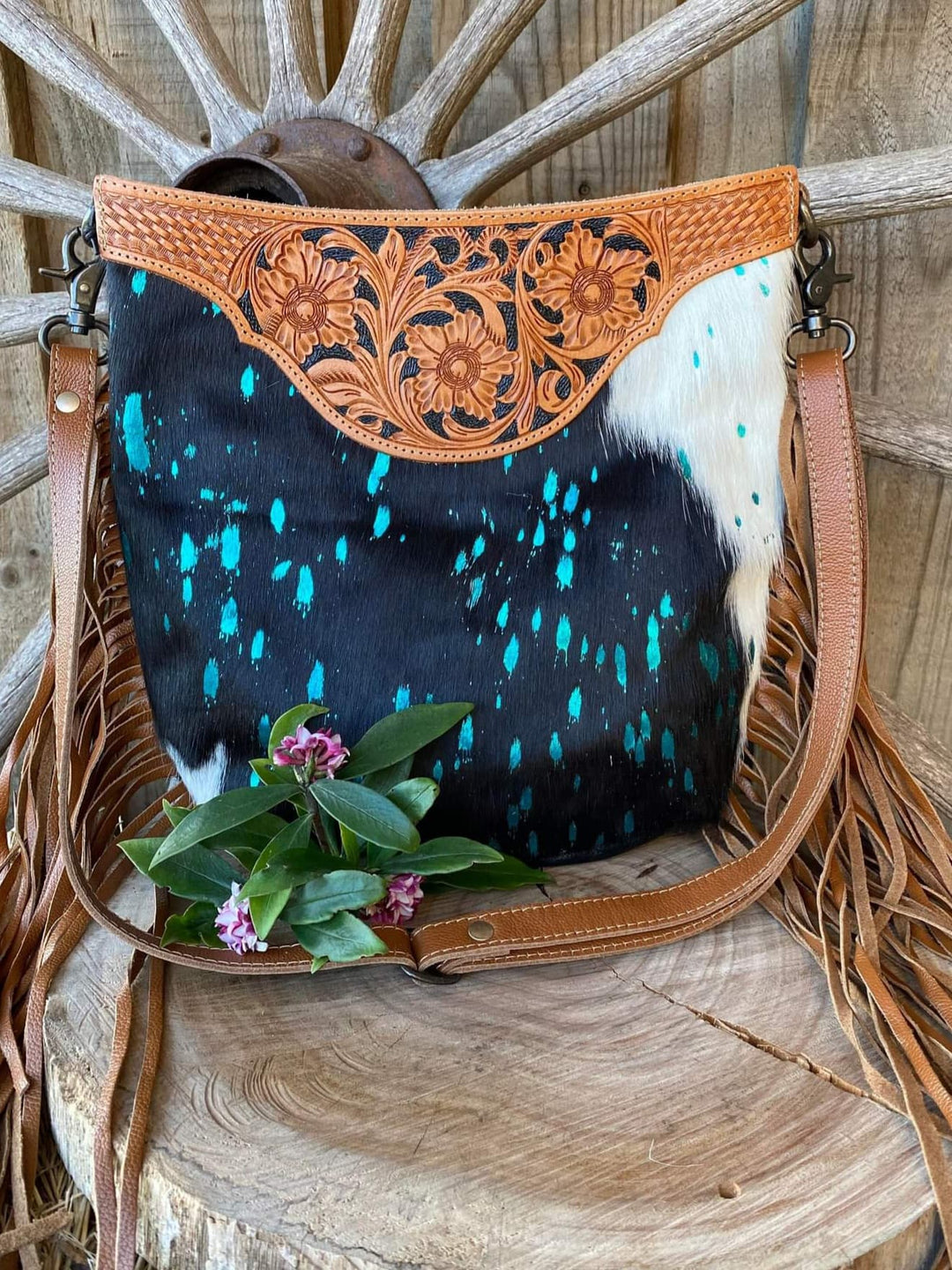 Western Hide & Leather Crossbody Turquoise Acid Wash