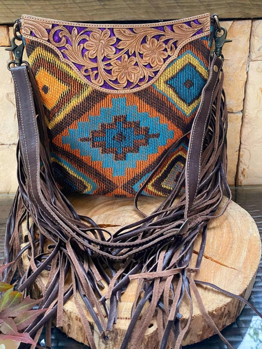 Western Recycled Canvas and Leather Crossbody Beautiful Tribal Print and Fringe