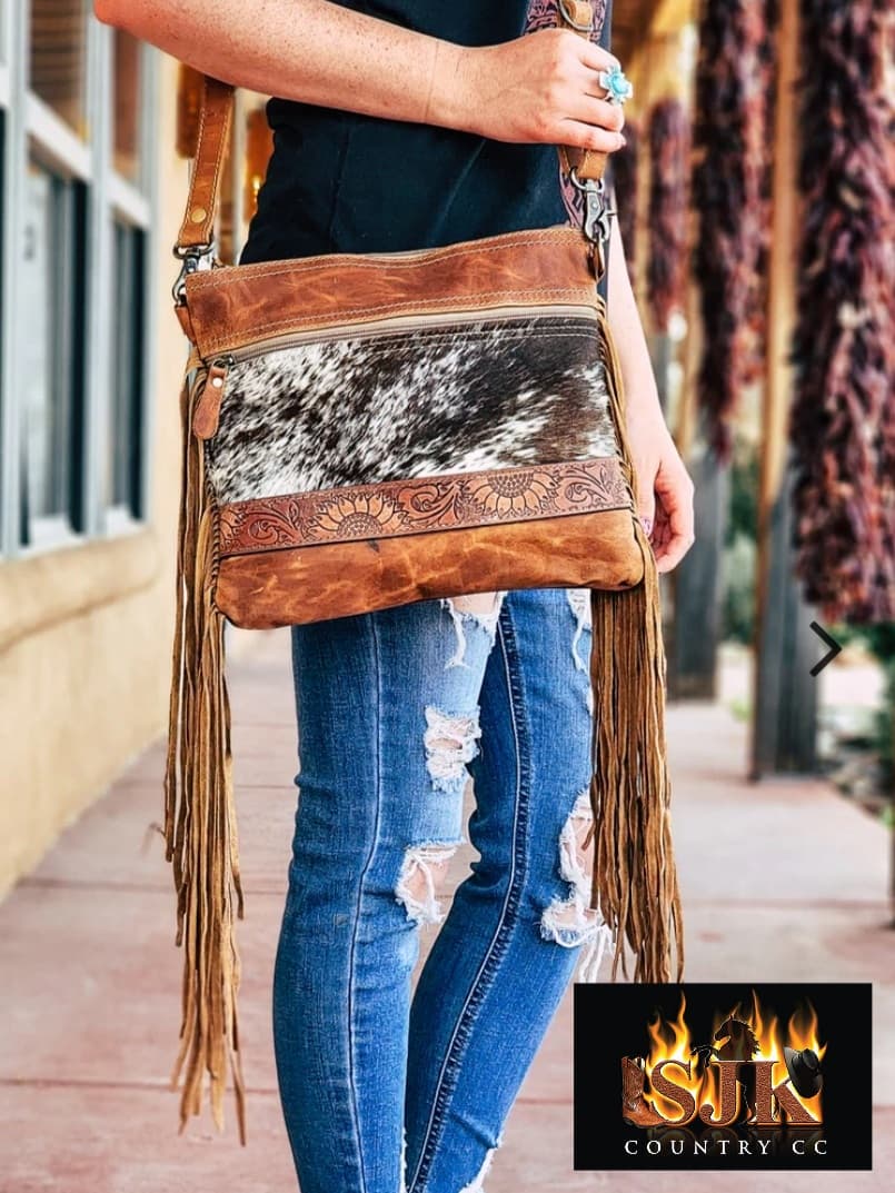 Western Hide & Leather Crossbody with Embossed Sunflower