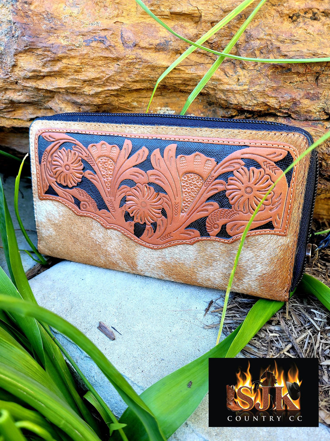 Western Hide & Tooled Leather Taurus Purse Zip Around Style