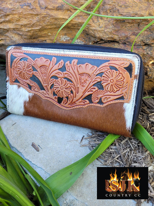 Western Hide & Tooled Leather Taurus Purse Zip Around Style