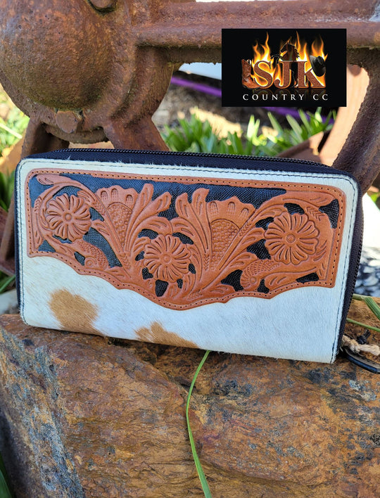 Western Hide & Tooled Leather Taurus Purse Zip Around Style