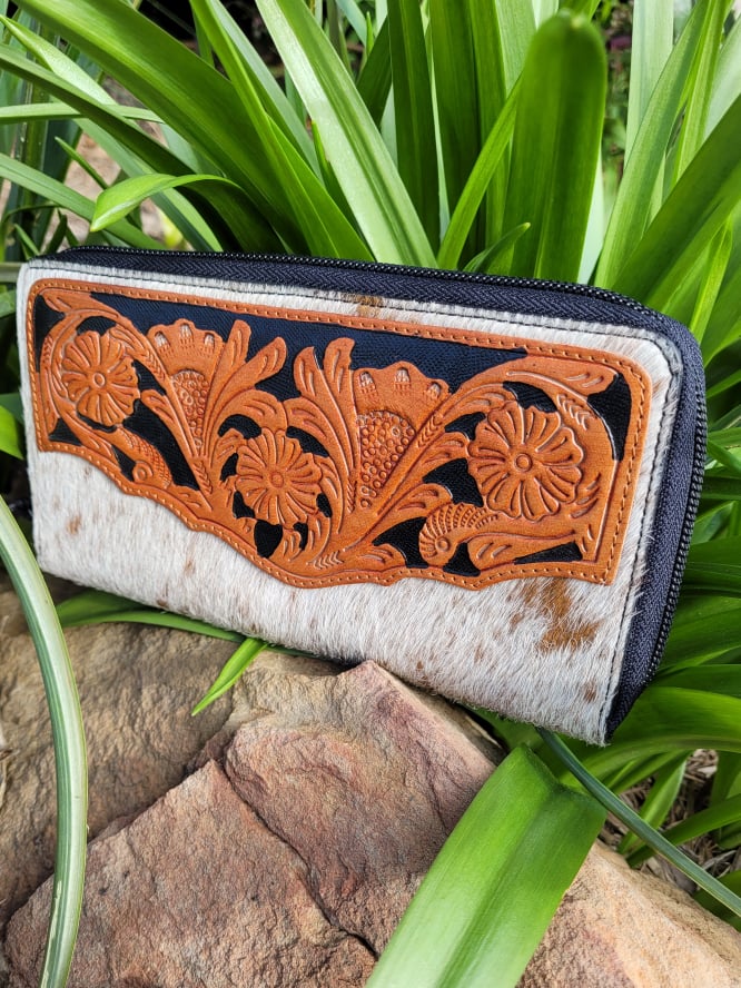 Western Hide & Tooled Leather Taurus Purse Zip Around Style