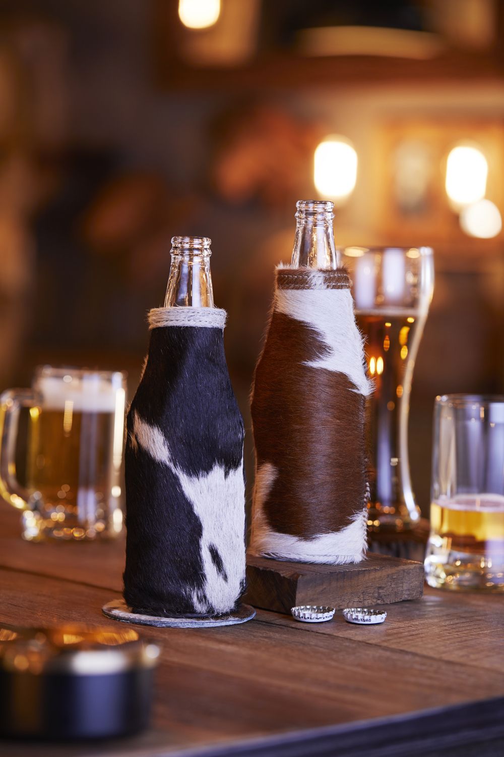 Gift - Genuine Cowhide Bottle Stubby Coolers - Tan/White Hide