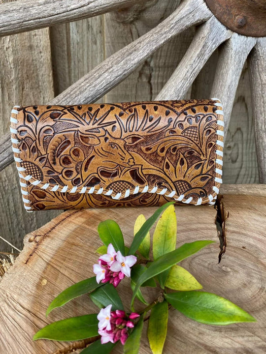 Western Leather Purse Tooled Elk Cowgirl Wallet