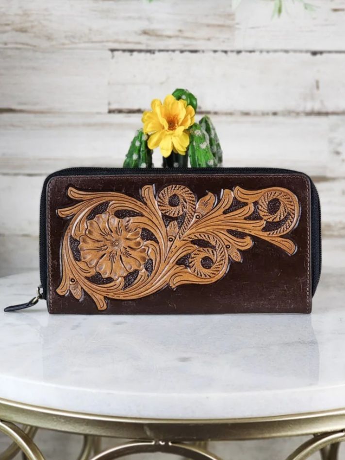 Western Leather Purse Tooled Leather Detail wallet