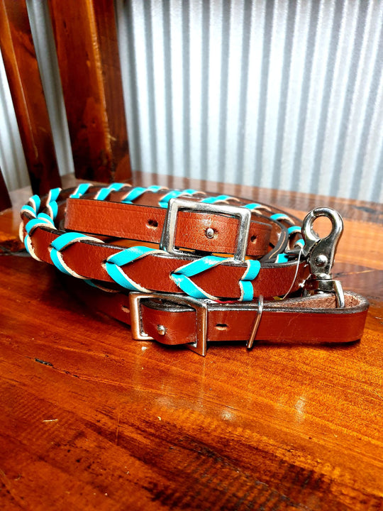 Reins - ® 8ft leather braided rein with Turquoise colored lacing